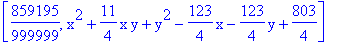 [859195/999999, x^2+11/4*x*y+y^2-123/4*x-123/4*y+803/4]